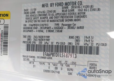 2020 Ford Mustang Ecoboost Fastback from USA, damaged, VIN 1FA6P8TD1L5187913